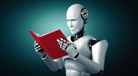 Téléchargez les photos : Illustration XAI 3d Illustration 3D de robot humanoïde livre de lecture en concept de future intelligence artificielle et 4ème quatrième révolution industrielle. - en image libre de droit