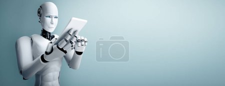 Téléchargez les photos : Illustration 3D XAI L'humanoïde robot utilise le téléphone portable ou la tablette dans son futur bureau tout en utilisant le cerveau intelligent, l'intelligence artificielle et le processus d'apprentissage automatique. 4ème quatrième révolution industrielle 3D - en image libre de droit