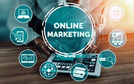 Photo for Digital Marketing Technology Solution for Online Business Concept - Graphic interface showing analytic diagram of online market promotion strategy on digital advertising platform via social media. uds - Royalty Free Image