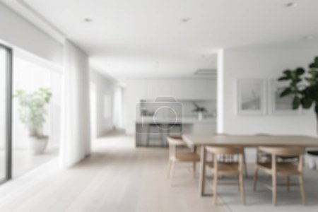 Foto de Foto desenfocada de un espacio de vida de estilo escandinavo luminoso y aireado con un diseño minimalista. Resplandeciente. - Imagen libre de derechos