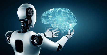 Téléchargez les photos : Illustration 3D XAI Robot hominoïde AI tenant un écran holographique virtuel montrant le concept de cerveau IA et la pensée de l'intelligence artificielle par processus d'apprentissage automatique. rendu 3D. - en image libre de droit