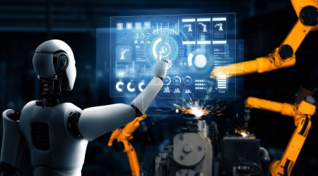 XAI Mechanisierte Industrieroboter und Roboterarme für die Montage in der Fabrikproduktion. Konzept der künstlichen Intelligenz für industrielle Revolution und Automatisierung des Fertigungsprozesses.
