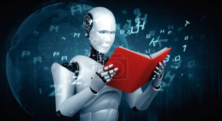 Illustration XAI 3d Illustration 3D de robot humanoïde livre de lecture en concept de future intelligence artificielle et 4ème quatrième révolution industrielle.