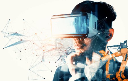 XAI Future VR-Technologie für die mechanisierte Roboterarmsteuerung der Industrie. Konzept der Robotiktechnologie für industrielle Revolution und automatisierten Fertigungsprozess.