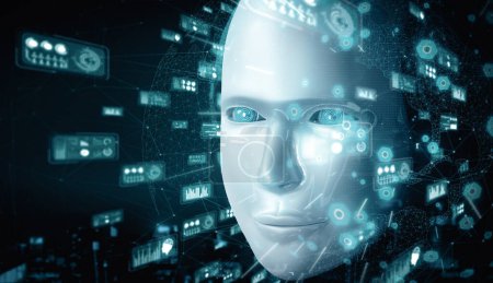 XAI 3D Illustration Humanoide Roboter hautnah mit grafischem Konzept der Big-Data-Analyse durch KI Denken Gehirn, künstliche Intelligenz und maschinelles Lernen Prozess für das 4. vierte industrielle