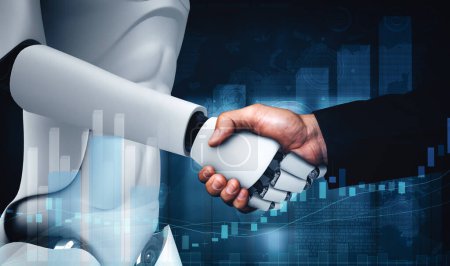 Téléchargez les photos : Illustration XAI 3d poignée de main robot humanoïde avec graphique de trading boursier montrant la décision d'achat et de vente par intelligence artificielle, intelligence artificielle et processus d'apprentissage automatique. - en image libre de droit