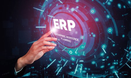 Enterprise Resource Management ERP-Softwaresystem für Geschäftsressourcen Plan in moderner grafischer Oberfläche präsentiert, die zukünftige Technologie zur Verwaltung von Unternehmensressourcen zeigt. uds