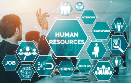 Human Resources Recruitment und People Networking Konzept. Moderne grafische Benutzeroberfläche, die professionelle Mitarbeitereinstellungen und Headhunter auf der Suche nach Interviewkandidaten für zukünftige Arbeitskräfte zeigt. uds