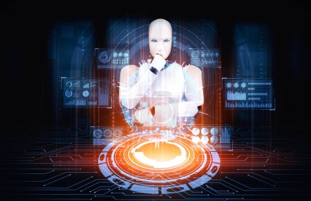 Téléchargez les photos : Illustration 3D XAI Pensant robot humanoïde AI analysant écran hologramme montrant concept Big Data analytique en utilisant l'intelligence artificielle par processus d'apprentissage automatique. Illustration 3D. - en image libre de droit