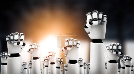 Téléchargez les photos : Illustration 3D XAI Robot humanoïde mains en l'air pour célébrer le succès obtenu en utilisant la pensée IA intelligence artificielle et processus d'apprentissage automatique pour la 4ème révolution industrielle. Illustration 3D. - en image libre de droit