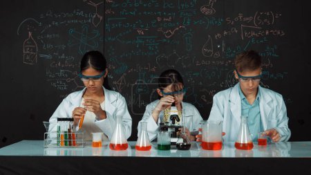 Nettes Mädchen, das unter dem Mikroskop schaut, während Schüler an der Tafel mit Theorie experimentieren. Junge Wissenschaftler inspizieren farbige Lösung am Tisch mit Experimentiergeräten platziert. Erbauung.