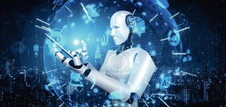 XAI 3D Illustration Humanoide Roboter nutzen Mobiltelefon oder Tablet für globale Netzwerkverbindung mit KI-Denkgehirn, künstlicher Intelligenz und maschinellem Lernprozess für die 4. industrielle Revolution