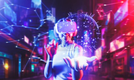 Photo for Female standing in cyberpunk neon light wear white VR headset and tank top connecting metaverse, future cyberspace community technology, She holding and see 3D hologram of sphere shape. Hallucination. - Royalty Free Image