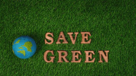 Téléchargez les photos : Alphabet en bois organisé en campagne de sensibilisation écologique avec la conception de l'icône ECO sur fond de gazon vert biophilie pour promouvoir la protection de l'environnement pour un avenir plus vert et durable. Pneumatique - en image libre de droit