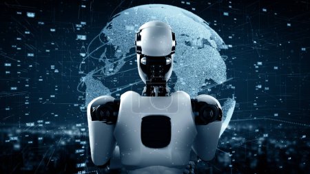 Foto de Ilustración XAI 3D Robot futurista inteligencia artificial huminoide AI desarrollo de tecnología analítica de datos y concepto de aprendizaje automático. Investigación científica biónica robótica global para el futuro del ser humano - Imagen libre de derechos