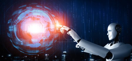 Téléchargez les photos : Illustration 3D XAI Robot humanoïde IA touchant écran holographique virtuel montrant le concept d'analyse de mégadonnées en utilisant la pensée de l'intelligence artificielle par processus d'apprentissage automatique. Illustration 3D. - en image libre de droit