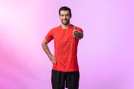 Photo for Full body length gaiety shot athletic and sporty young man in fitness exercise posture on isolated background. Healthy active and body care lifestyle. - Royalty Free Image