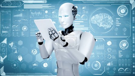 Foto de Ilustración XAI 3D Hominoide robot que utiliza la tableta para el análisis de big data utilizando el cerebro de pensamiento AI, la inteligencia artificial y el proceso de aprendizaje automático para la cuarta cuarta revolución industrial - Imagen libre de derechos