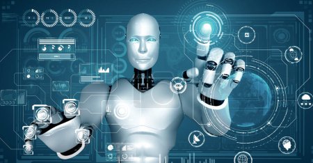 Téléchargez les photos : Illustration 3D XAI Robot hominoïde IA touchant écran holographique virtuel montrant le concept d'analyse de mégadonnées en utilisant la pensée de l'intelligence artificielle par processus d'apprentissage automatique. rendu 3D. - en image libre de droit