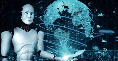 Téléchargez les photos : Illustration 3D XAI Robot futuriste intelligence artificielle huminoïde AI transport développement de technologies analytiques et concept d'apprentissage automatique. Recherche mondiale en robotique pour l'avenir de - en image libre de droit