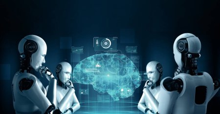 Téléchargez les photos : Illustration 3D XAI Penser robot hominoïde IA analyse écran hologramme montrant concept de cerveau IA et intelligence artificielle pensée par processus d'apprentissage automatique. rendu 3D. - en image libre de droit