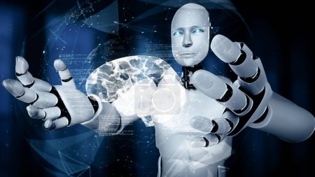 Foto de Ilustración XAI 3D Robot hominoide AI que sostiene la pantalla del holograma virtual que muestra el concepto del cerebro de AI y el pensamiento de la inteligencia artificial por el proceso de aprendizaje automático. Renderizado 3D. - Imagen libre de derechos