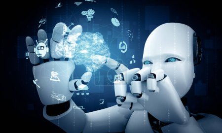Téléchargez les photos : Illustration 3D XAI Robot humanoïde tenir écran d'hologramme HUD dans le concept de cerveau de pensée IA, intelligence artificielle et processus d'apprentissage automatique pour la 4ème quatrième révolution industrielle. 3D - en image libre de droit