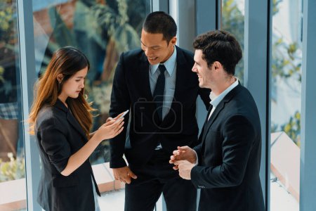 Photo for Businesswoman executive is in meeting discussion with businessmen or client in modern workplace office. People corporate business team concept. uds - Royalty Free Image