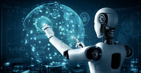 Téléchargez les photos : Illustration 3D de XAI Le robot hominoïde d'IA touchant l'écran d'hologramme montre le concept de réseau de communication global utilisant la pensée d'intelligence artificielle par le processus d'apprentissage automatique. Ordinateur de rendu 3D - en image libre de droit