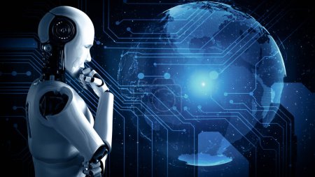 Téléchargez les photos : Illustration 3D de XAI Le robot hominoïde d'IA pensant analyser l'écran d'hologramme montre le concept de communication globale de réseau utilisant l'intelligence artificielle par le processus d'apprentissage automatique. Ordinateur de rendu 3D - en image libre de droit
