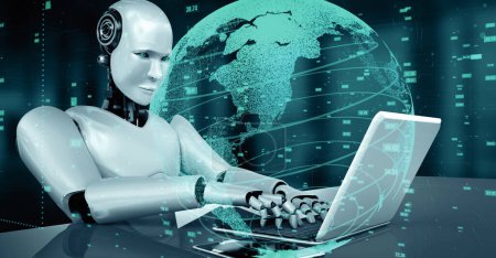 Foto de Ilustración XAI 3D Robot futurista inteligencia artificial huminoide AI desarrollo de tecnología analítica de datos y concepto de aprendizaje automático. Investigación científica biónica robótica global para el futuro del ser humano - Imagen libre de derechos