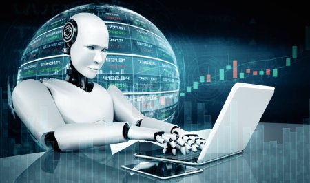 Téléchargez les photos : Illustration 3D XAI Technologie financière future contrôlée par un robot IA utilisant l'apprentissage automatique et l'intelligence artificielle pour analyser les données commerciales et donner des conseils sur les décisions d'investissement et de trading - en image libre de droit