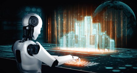 Foto de Ilustración XAI 3D Robot humanoide utilizar el ordenador portátil y sentarse a la mesa para la conexión a la red global utilizando el cerebro de pensamiento AI, inteligencia artificial y el proceso de aprendizaje automático para la cuarta industrial - Imagen libre de derechos