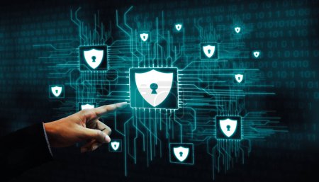 Cybersicherheit und digitales Datenschutzkonzept. Symbolgrafik zeigt sichere Firewall-Technologie für den Online-Datenzugriff zur Abwehr von Hackern, Viren und unsicheren Informationen für die Privatsphäre.