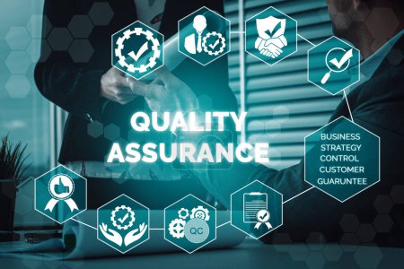 Photo for Quality Assurance and Quality Control Concept - Modern graphic interface showing certified standard process, product warranty and quality improvement technology for satisfaction of customer. uds - Royalty Free Image