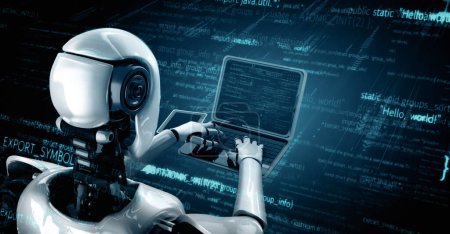 Téléchargez les photos : Illustration 3D XAI Robot futuriste intelligence artificielle huminoïde Programmation IA codage développement technologique et concept d'apprentissage automatique. Recherche en bionique robotique pour l'avenir de l'homme - en image libre de droit
