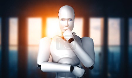 Téléchargez les photos : Illustration 3D XAI Un robot humanoïde IA réfléchi analyse les données d'information dans le concept d'intelligence artificielle par processus d'apprentissage automatique pour la 4e quatrième révolution industrielle. Illustration 3D. - en image libre de droit