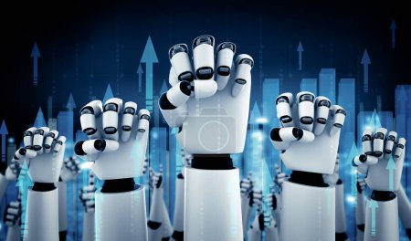 Téléchargez les photos : Illustration 3D XAI Robot humanoïde mains en l'air pour célébrer le succès de l'investissement en argent réalisé en utilisant la pensée IA intelligence artificielle et le processus d'apprentissage automatique pour la technologie financière. 3D - en image libre de droit