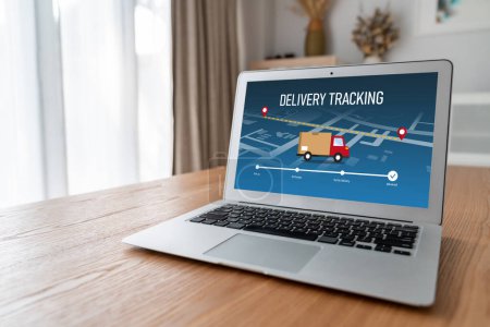 Foto de Sistema de seguimiento de entrega para el comercio electrónico y el negocio en línea moderno para el transporte y la entrega oportuna de mercancías - Imagen libre de derechos