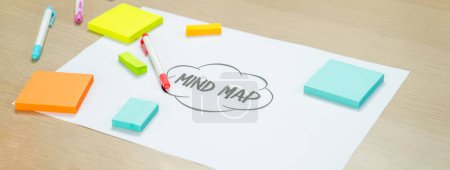 Photo for Business marketing strategy and brain storming mind map, colorful sticky notes and equipment placed on table at modern workplace. Creativity startup and marketing plan concept. Closeup. Variegated. - Royalty Free Image