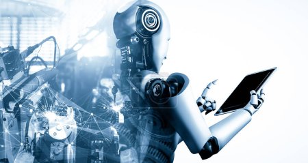 Foto de XAI Robot industrial mecanizado y brazos robóticos imagen de doble exposición. Concepto de inteligencia artificial para la revolución industrial y el proceso de fabricación de automatización en la futura fábrica. - Imagen libre de derechos