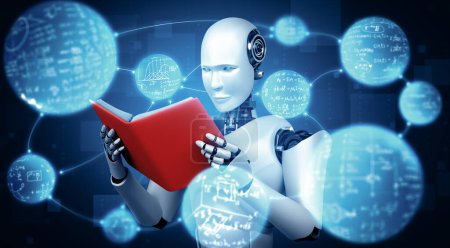 Foto de Ilustración XAI 3D Ilustración 3D de libro de lectura humanoide robot en concepto de futura inteligencia artificial y cuarta cuarta revolución industrial. - Imagen libre de derechos