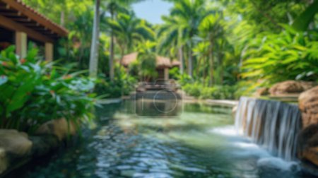 Foto de Blur fondo de la lujosa zona de relajación spa resort en medio de una densa vegetación tropical. Resplandeciente. - Imagen libre de derechos
