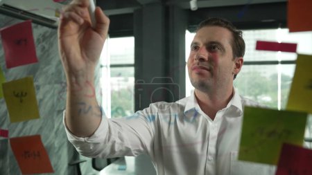 Portrait of professional male leader writing marketing idea on sticky notes. Caucasian businessman thinking about marketing campaign while using colorful sticky notes at glass wall. Manipulator.