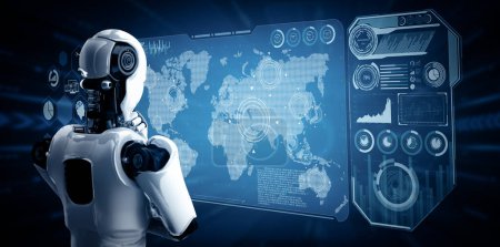 Foto de Ilustración XAI 3D El robot humanoide AI que analiza la pantalla del holograma muestra el concepto de la comunicación global de la red usando la inteligencia artificial por el proceso de aprendizaje automático. Ilustración 3D - Imagen libre de derechos