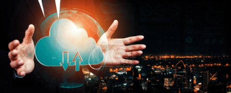 Cloud-Computing-Technologie und Online-Datenspeicherung für Business-Netzwerk-Konzept. Computer verbindet sich mit Internet-Server-Service für Cloud-Datenübertragung in 3D futuristische grafische Oberfläche vorgestellt. uds