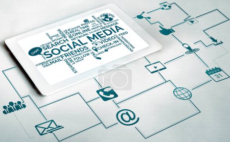 Photo for Social media and young people network concept. Modern graphic interface showing online social connection network and media channels to engage customer interaction in the digital business. - Royalty Free Image
