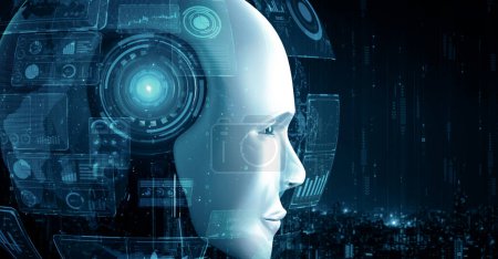 Téléchargez les photos : Illustration 3D XAI Le robot hominoïde fait face en gros plan au concept graphique de cerveau de pensée IA, d'intelligence artificielle et de processus d'apprentissage automatique pour la 4ème quatrième révolution industrielle. rendu 3D - en image libre de droit