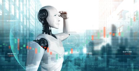 Téléchargez les photos : Illustration 3D XAI Technologie financière future contrôlée par un robot IA utilisant l'apprentissage automatique et l'intelligence artificielle pour analyser les données commerciales et donner des conseils sur les décisions d'investissement et de trading - en image libre de droit