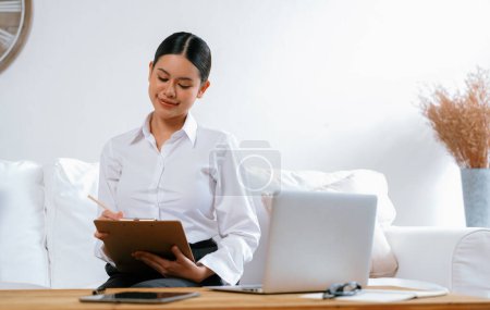 Photo for Psychologist woman in clinic office professional portrait with friendly smile feeling inviting for patient to visit the psychologist. The experienced and confident psychologist is uttermost specialist - Royalty Free Image